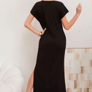 Vestido Largo Mujer, Recto Con Escote En V Y Bolsillos