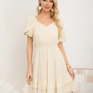 Vestido Corto Mujer. Escote En V Cruzado Y Manga Princesa