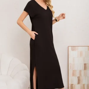 Vestido Largo Mujer, Recto Con Escote En V Y Bolsillos